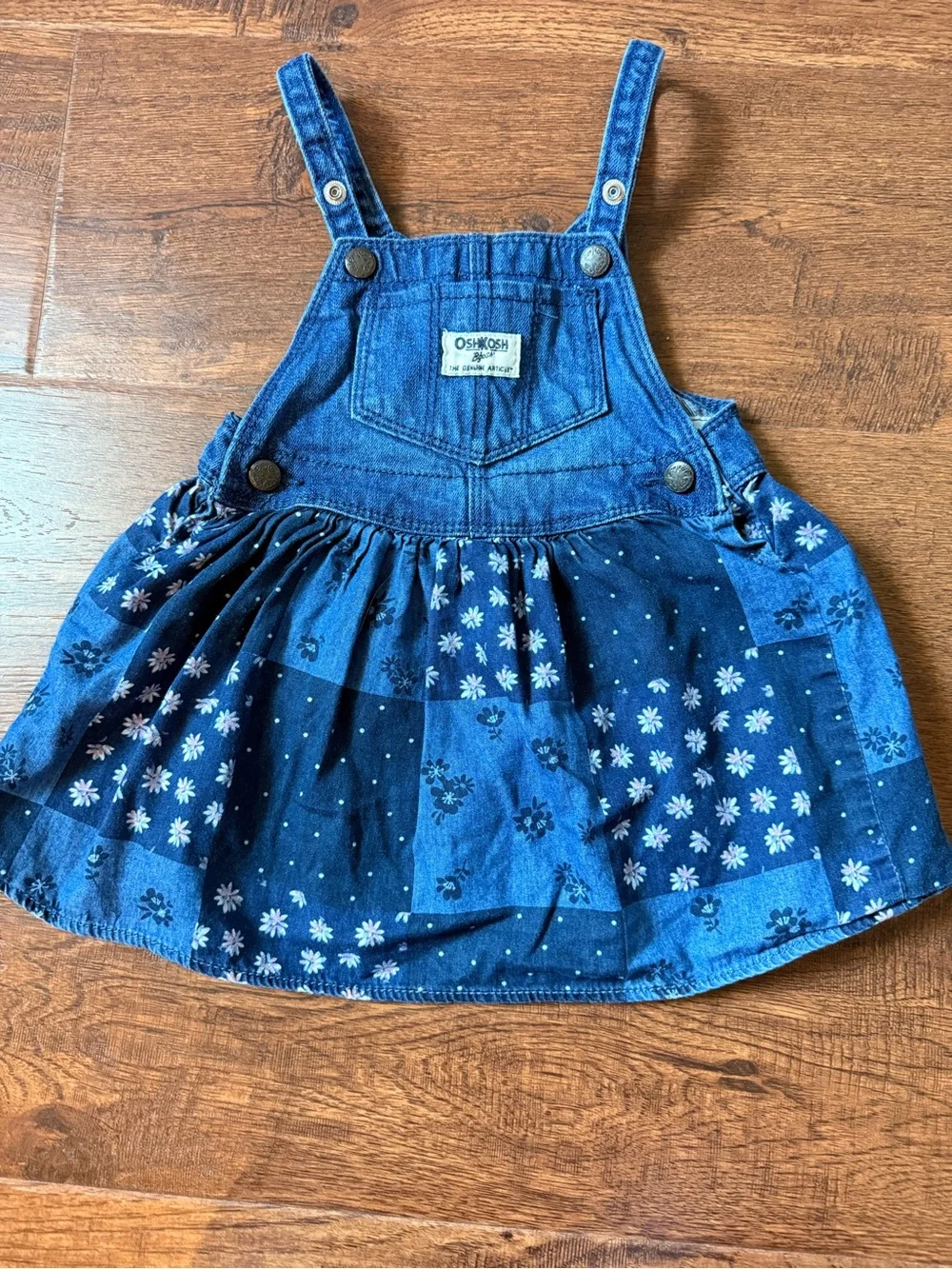 Vintage OshKosh Denim Jumper Dress Blue Floral Patchwork 24M 90s Y2K